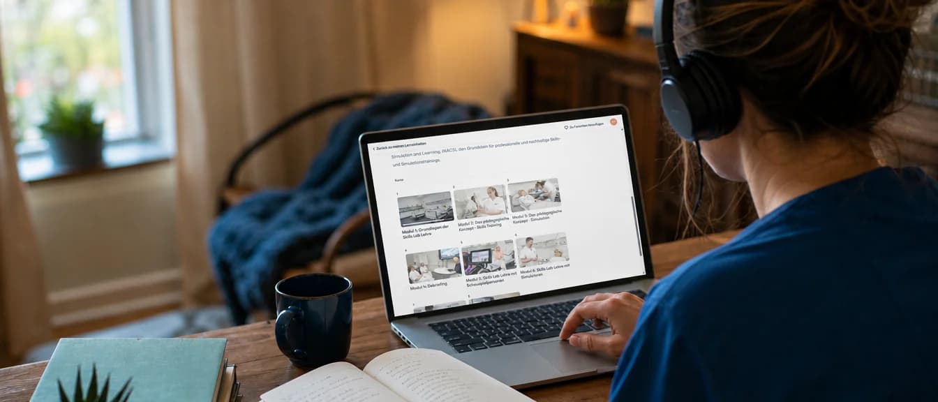 Pflegepädagogin lernt ortsunabhängig am Laptop mit dem digitalen Selbstlernmodul des Smart Skills Trainer